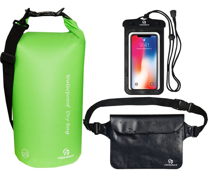 Freegrace Waterproof Dry Bags Set Of 3 Dry Bag With 2 Zip Lock Seals & Detachable Shoulder Strap, Waist Pouch & Phone Case - Can Be Submerged Into Water - For Swimming (Green, 5L) - Image 1